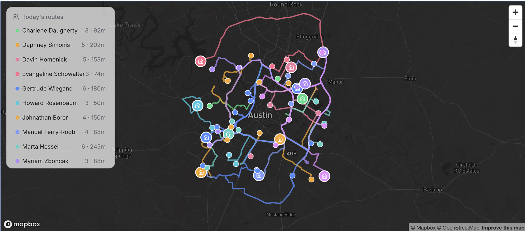 Every instructor's route for the day on one map